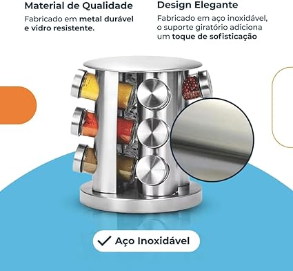 Porta Temperos Giratório Inox com 12 Potes de Vidro Organizadores de Condimentos Cozinha