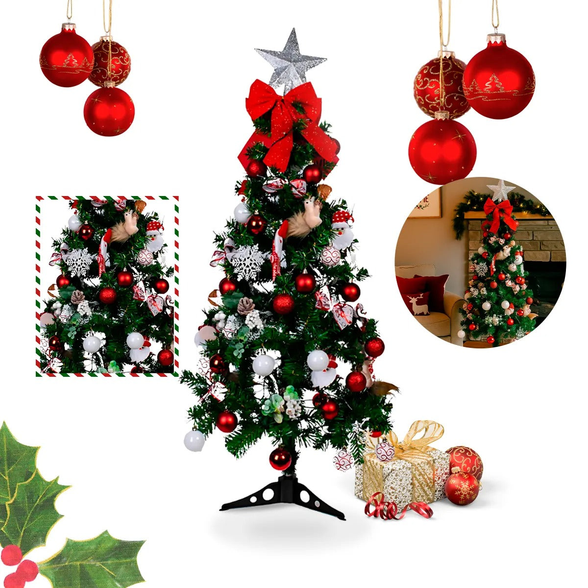 Kit Árvore De Natal 1,20m Decorada Verde Pinheiro Canadense Cheios Grande Pé De Ferro Premium