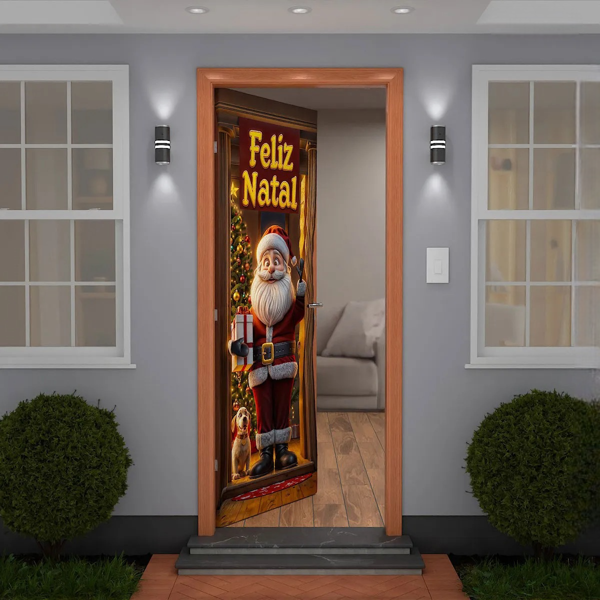 Capa De Porta Natalino Painel Papai Noel Decorativo em Tecido 0,85x2,10m Com Elástico
