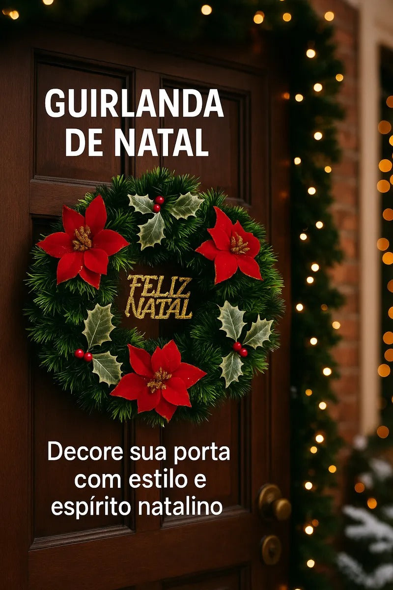 Guirlanda De Feliz Natal Especial Enfeite De Porta 40cm Verde Escuro