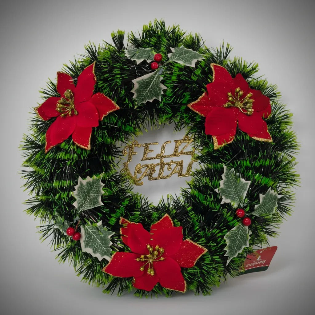 Guirlanda De Feliz Natal Especial Enfeite De Porta 40cm Verde Escuro