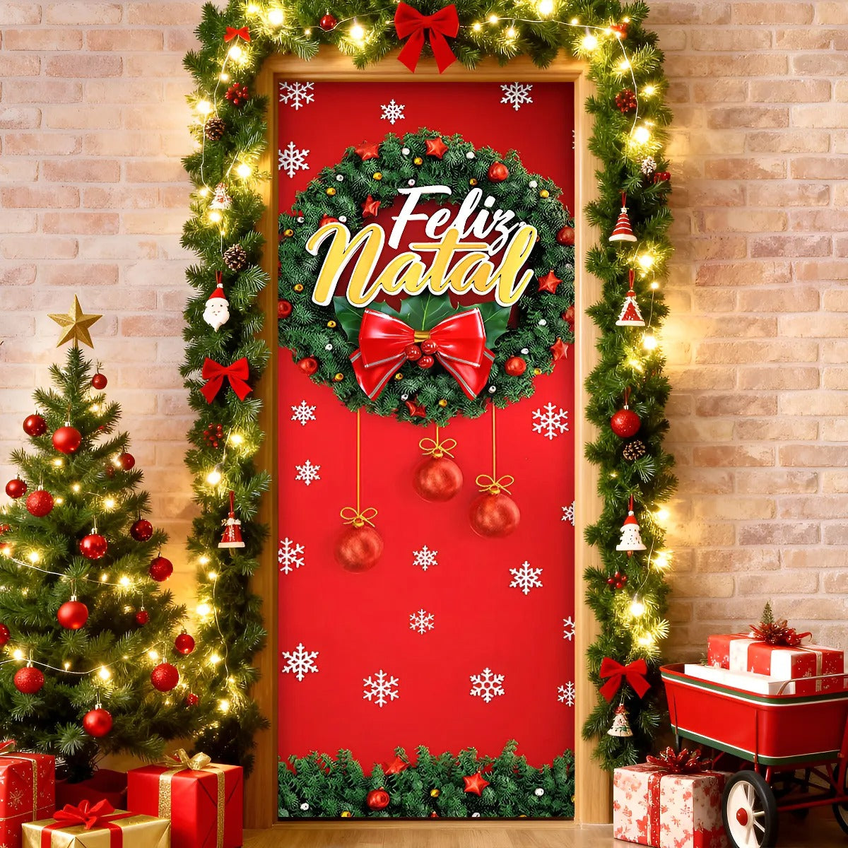 Painel Capa De Porta Natal Guirlanda em Tecido Decorativo 0,85x2,10m Com Elástico