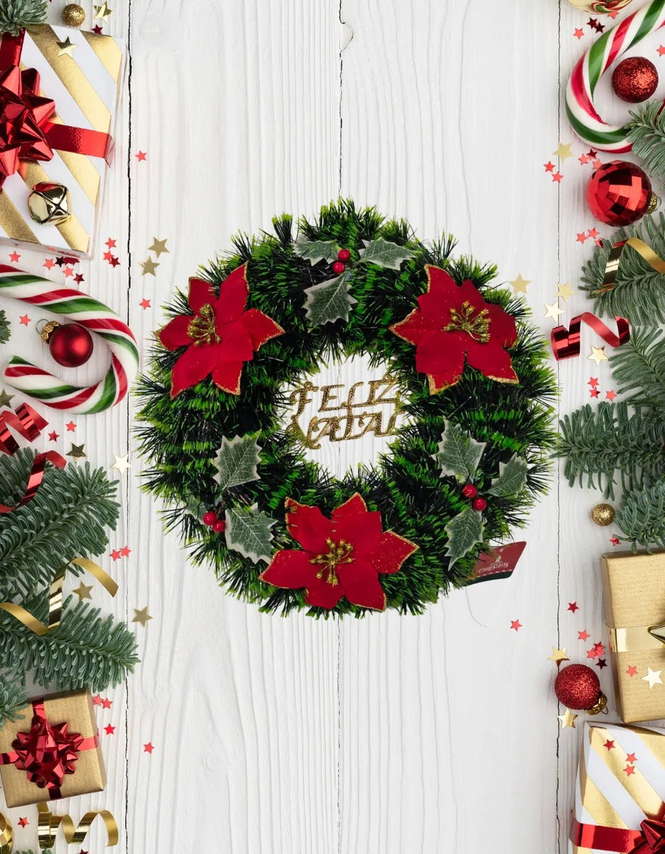 Guirlanda De Feliz Natal Especial Enfeite De Porta 40cm Verde Escuro