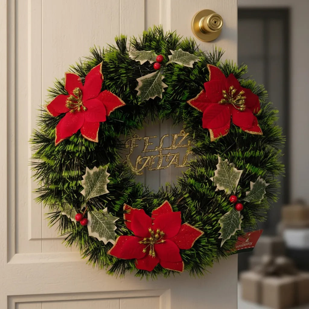 Guirlanda De Feliz Natal Especial Enfeite De Porta 40cm Verde Escuro