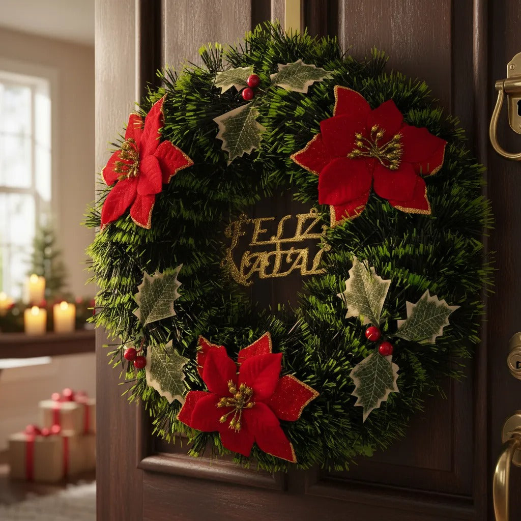 Guirlanda De Feliz Natal Especial Enfeite De Porta 40cm Verde Escuro