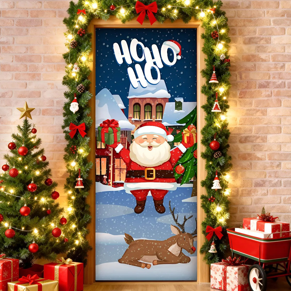 Capa De Porta Natal Papai Noel Sublimado Para Decoração 0,85x2,10m Veste Fácil