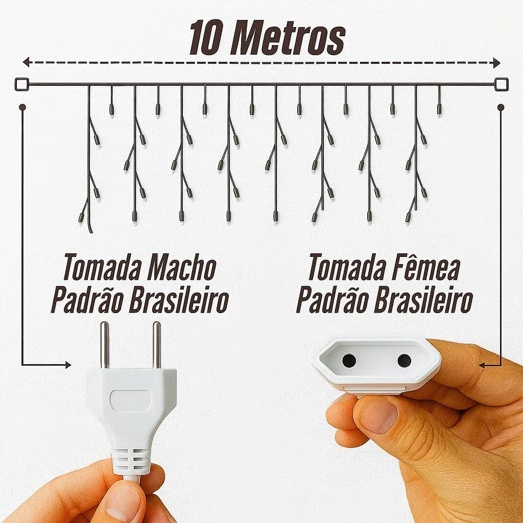 Cascata Pisca Pisca Natal 8 Funções 400 Leds 10m Branco Frio Extensível A Prova D'agua
