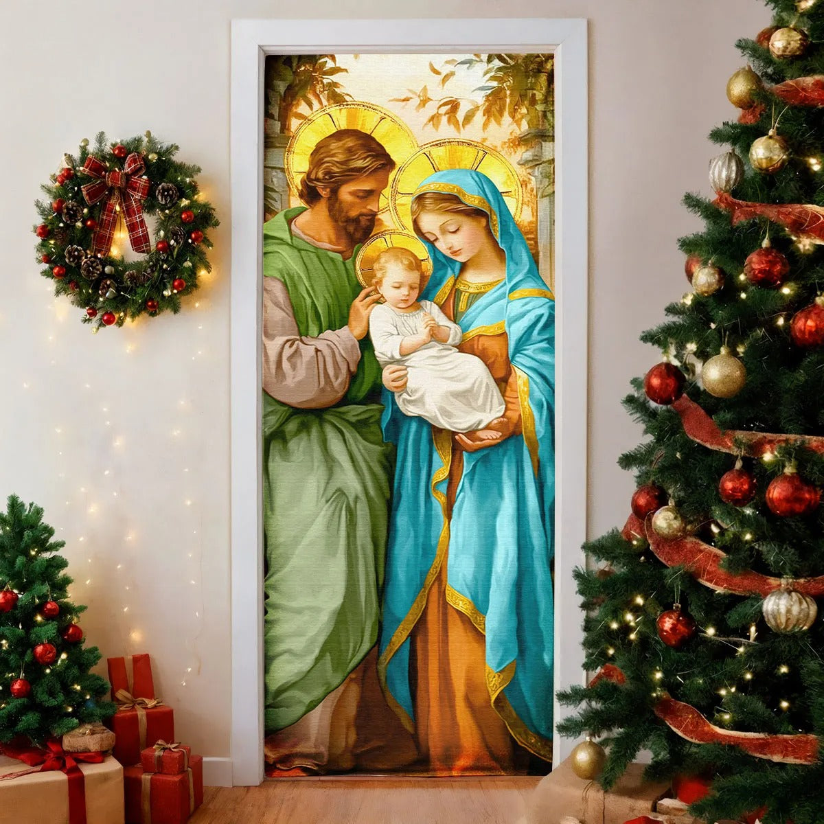 Capa De Porta Natal Religioso em Tecido Para Decoração 0,85x2,10m Com Elástico