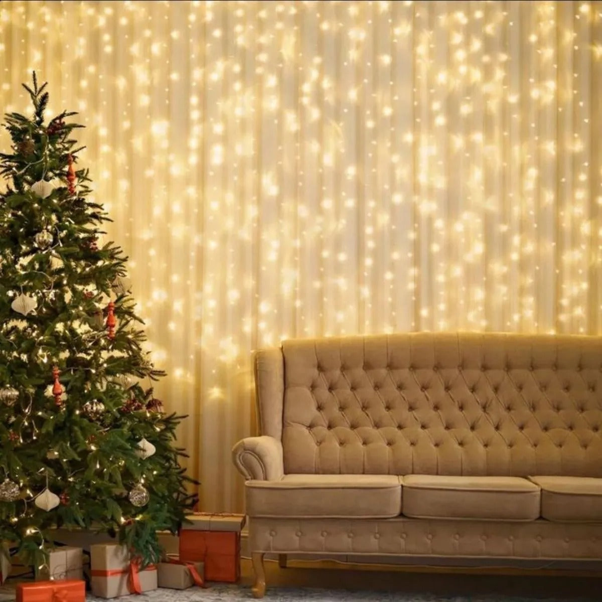 Cortina 3x3m Pisca Pisca 300 Leds Bivolt Decoração De Natal - Branco Quente