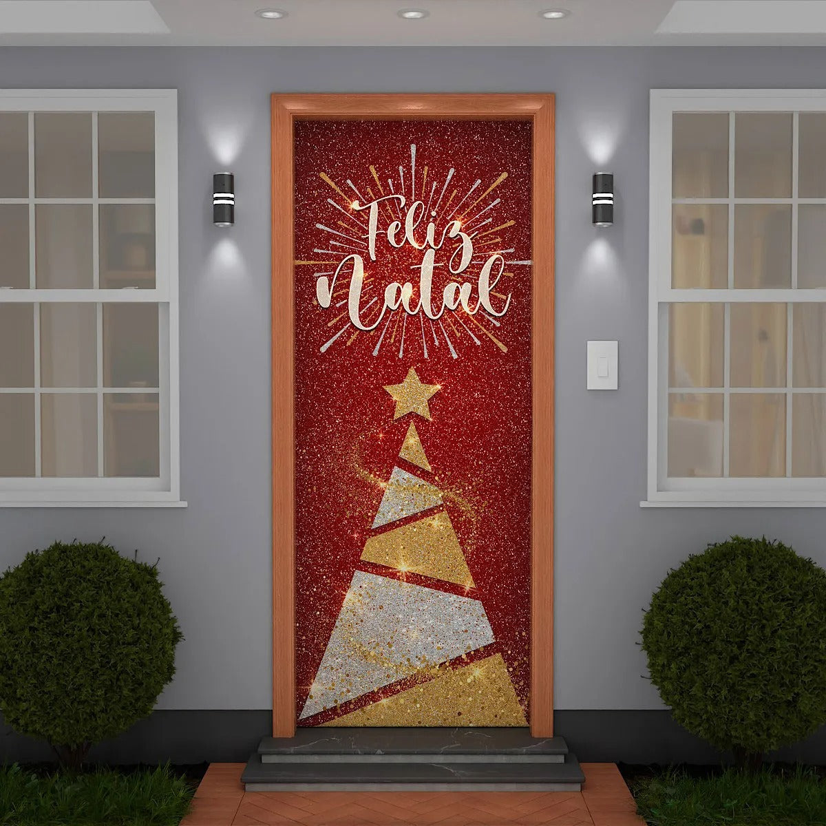 Painel Capa De Porta Natal Glitter Sublimado Para Decoração 0,85x2,10m Veste Fácil