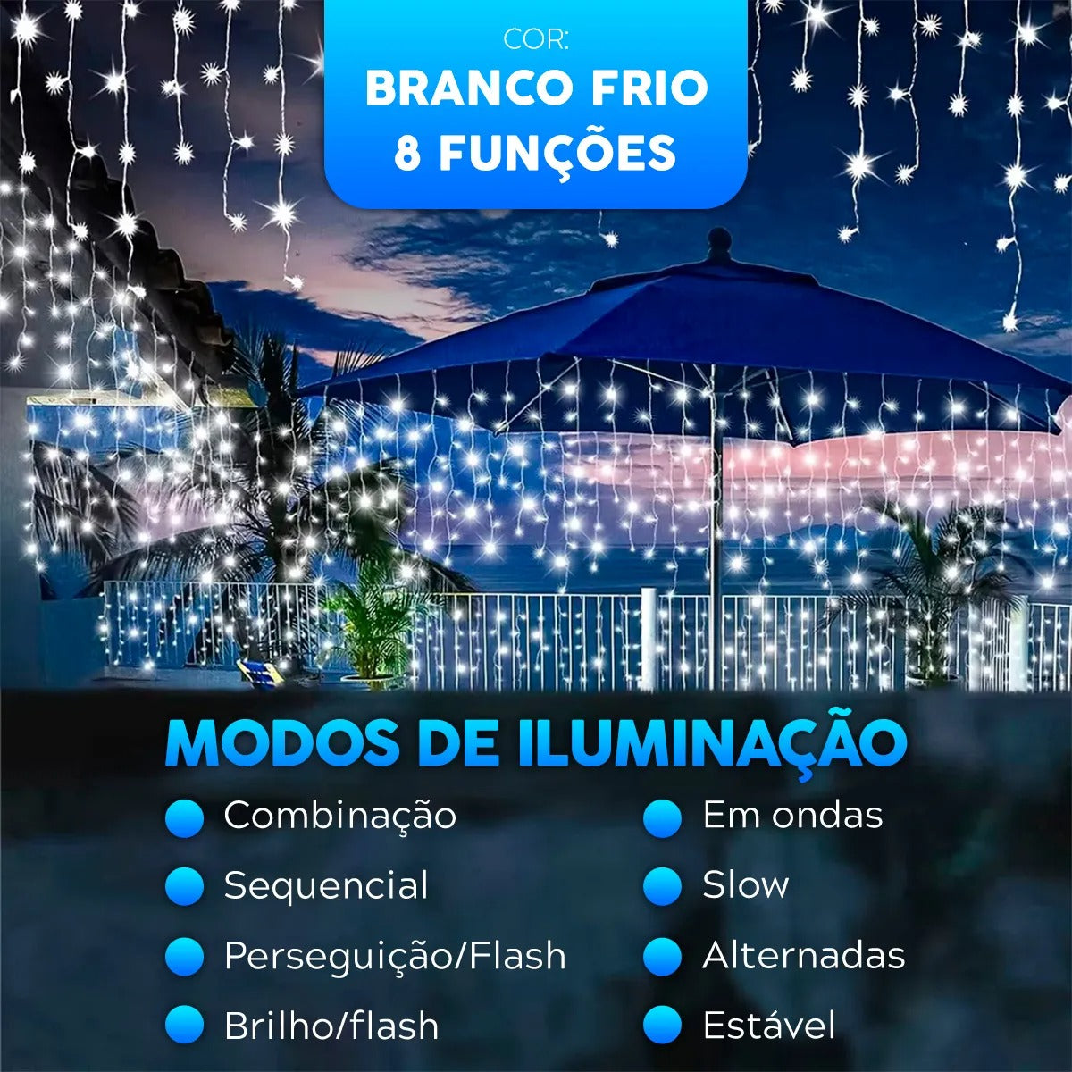 Cascata Pisca Pisca Natal 8 Funções 400 Leds 10m Branco Frio Extensível A Prova D'agua