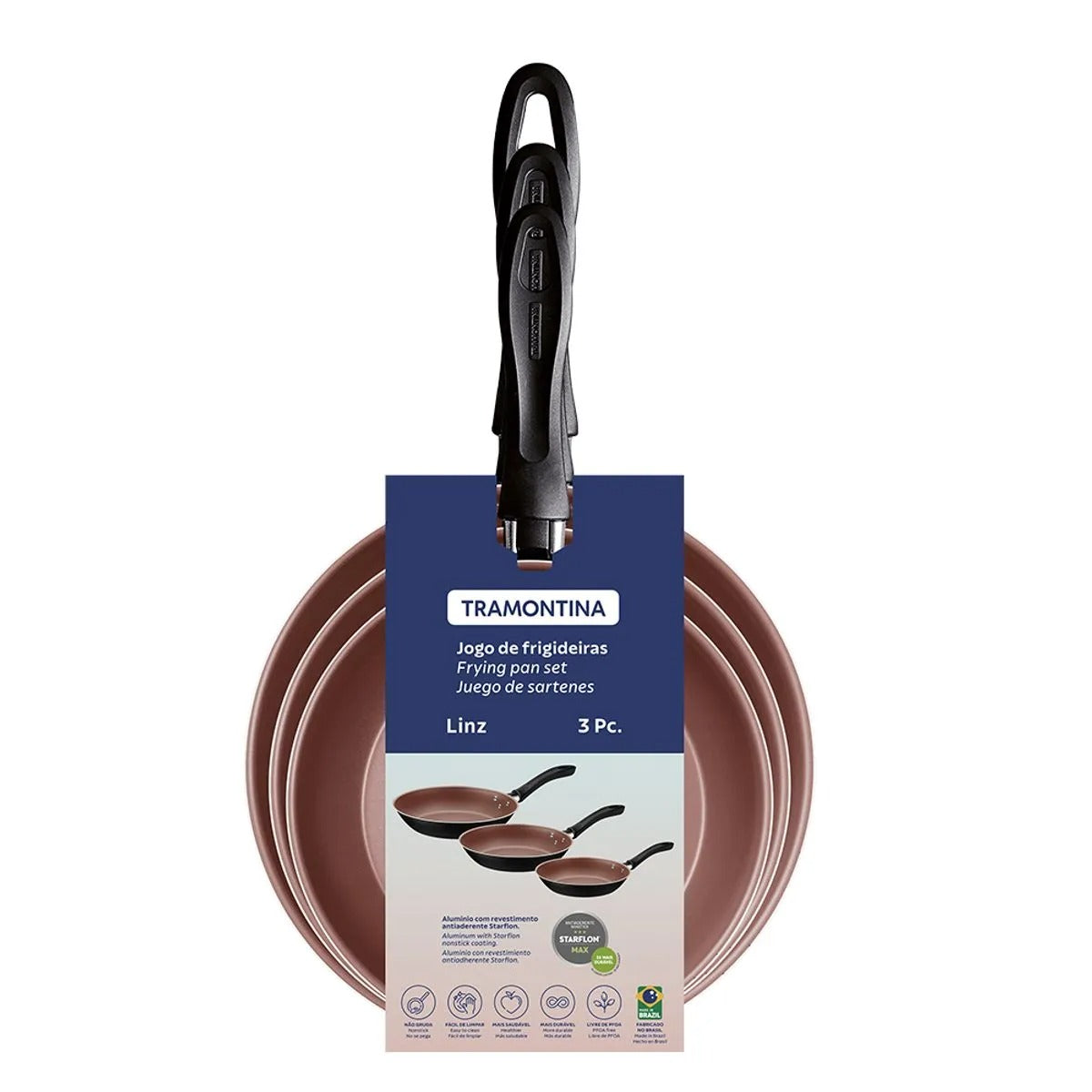 Jogo de Frigideiras Linz 3 Peças Revestimento Interno Antiaderente Starflon Max Externo Poliéster Preto Ref.20297009 Tramontina