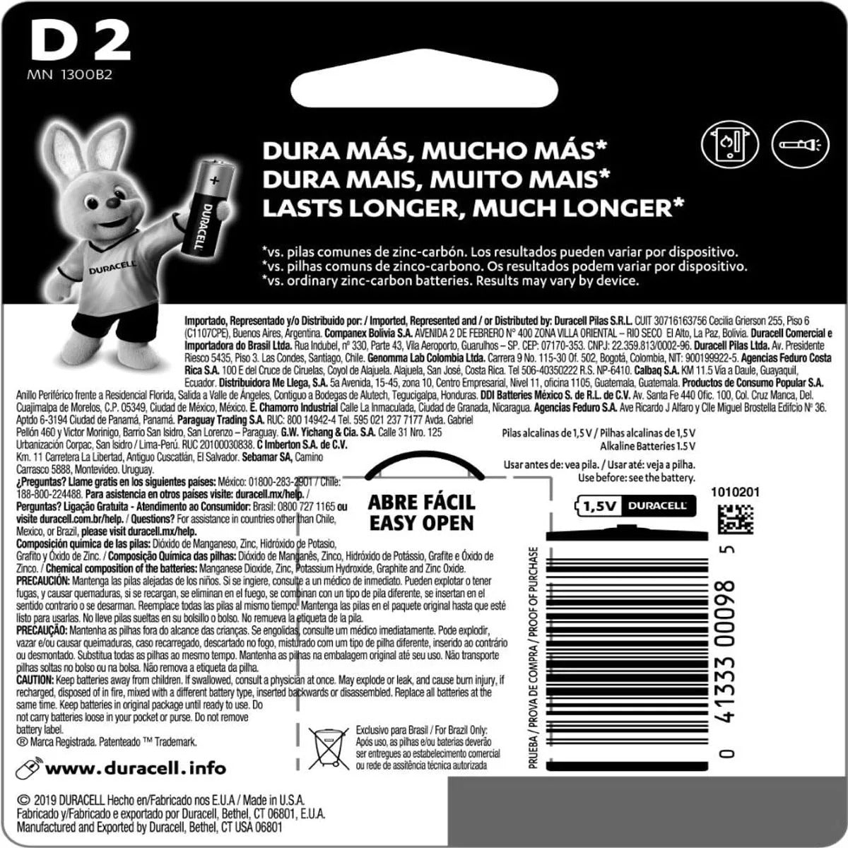 Pilha Alcalina Grande D Blister Com 2 Unidades 10107 / 5005700 - Duracell