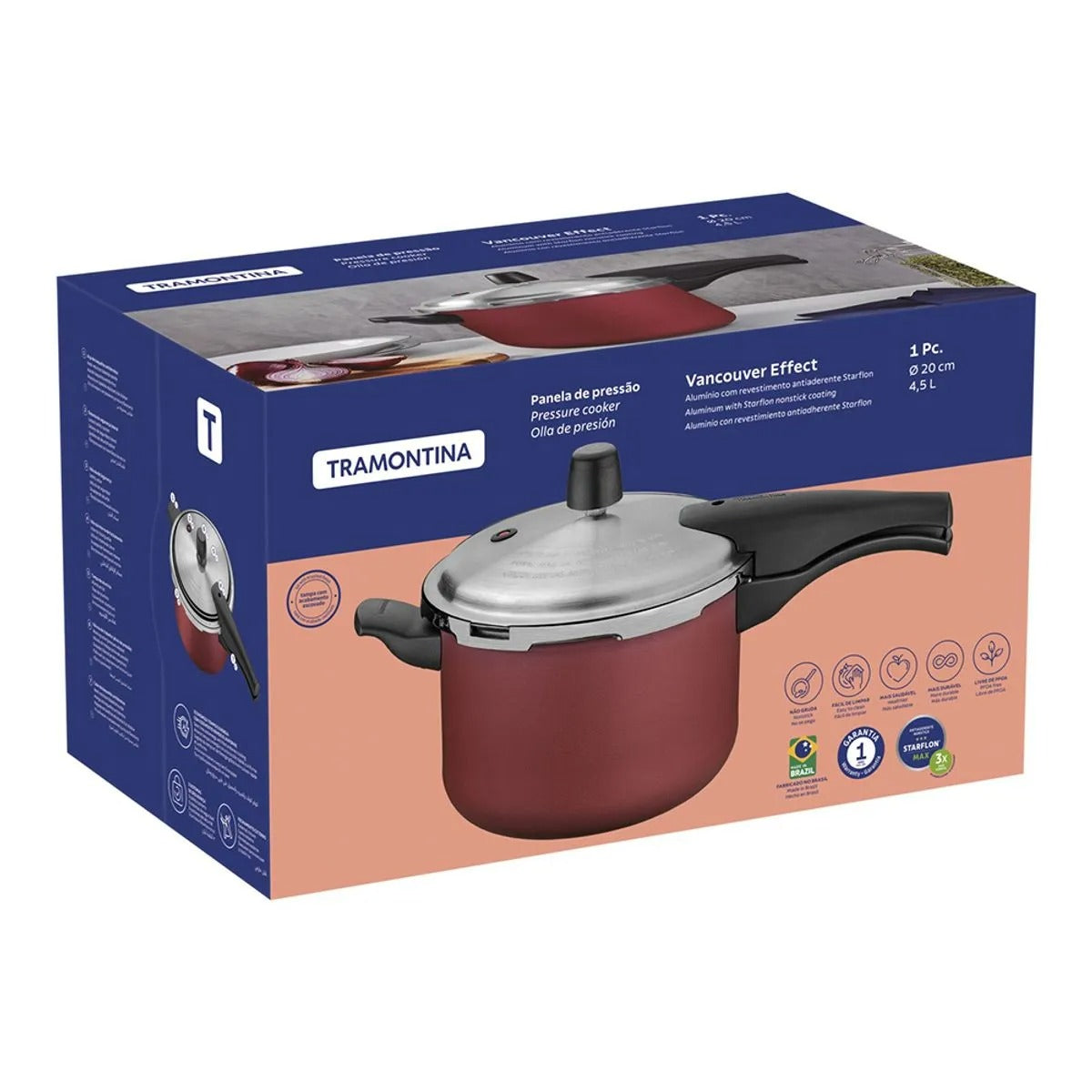 Panela de Pressão 4,5L Vancouver Effect Antiaderente Starflon Max Vermelho 20cm 20591720 - Tramontina