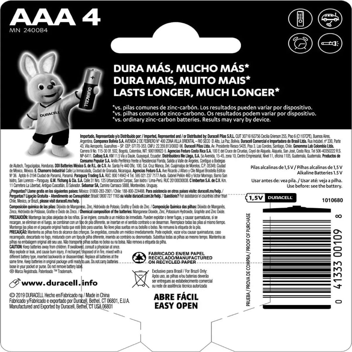 Pilha Alcalina Palito AAA Blister Com 4 Unidades AAA4 - Duracell