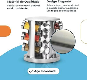 Porta Temperos Giratório Inox com 12 Potes de Vidro Organizadores de Condimentos Cozinha