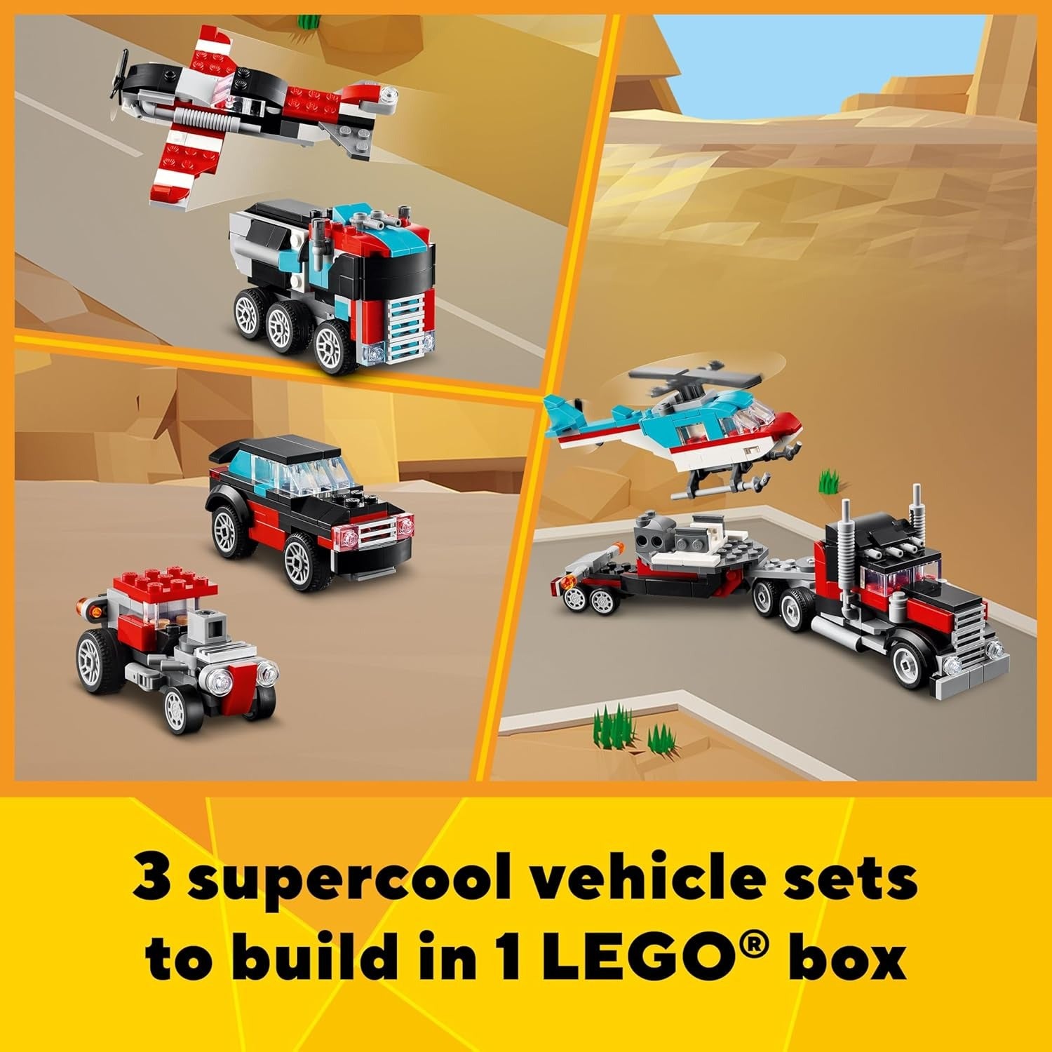 LEGO® Creator 3 em 1 – Caminhão Plataforma com Helicóptero Jogo de Carro Hot Rod 31146