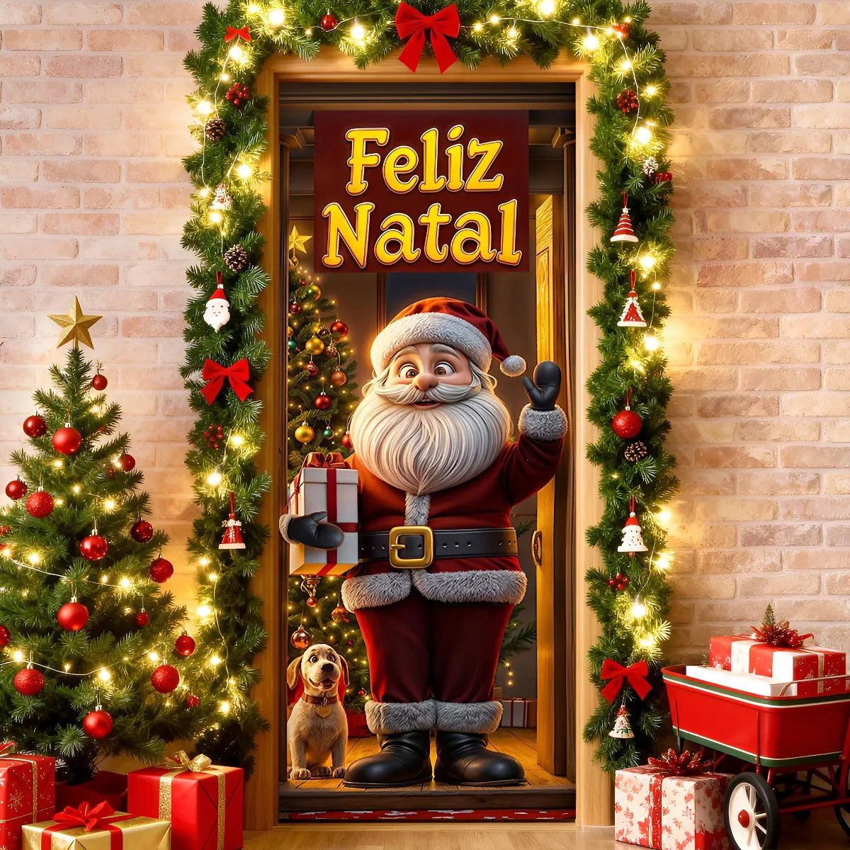 Capa De Porta Natalino Painel Papai Noel Decorativo em Tecido 0,85x2,10m Com Elástico