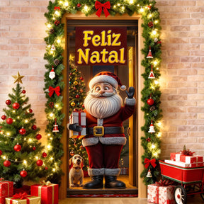 Capa De Porta Natalino Painel Papai Noel Decorativo em Tecido 0,85x2,10m Com Elástico