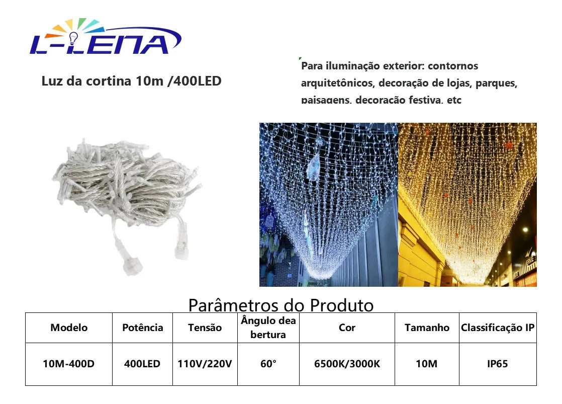 Cascata 400 Led 10m Natal Prova D'água Cor Branco Quente