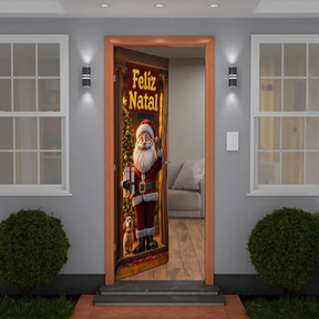 Capa De Porta Natalino Painel Papai Noel Decorativo em Tecido 0,85x2,10m Com Elástico