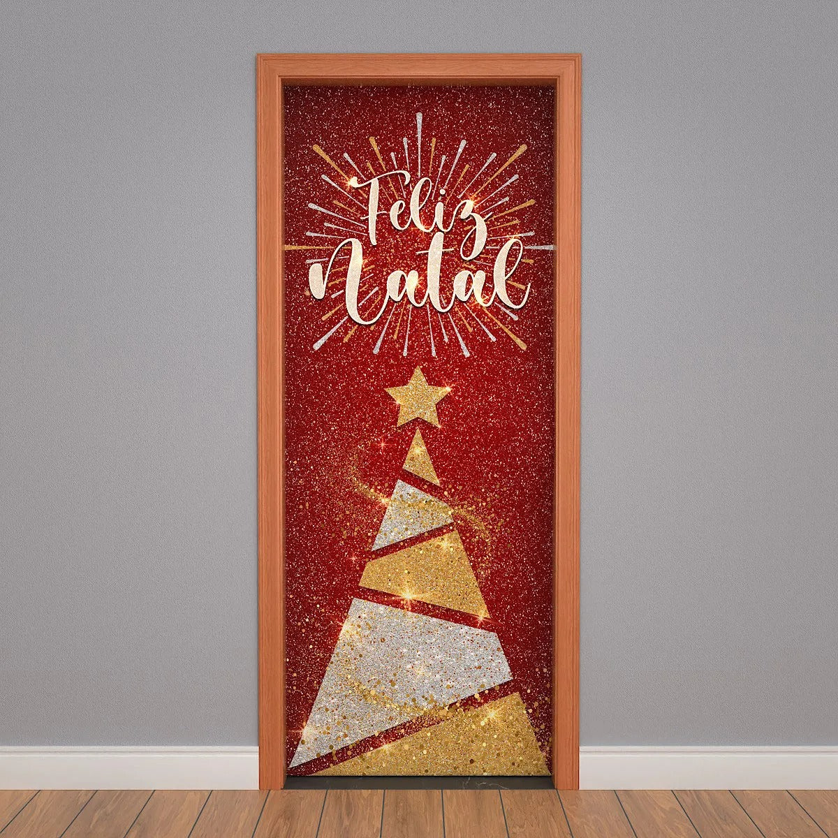 Painel Capa De Porta Natal Glitter Sublimado Para Decoração 0,85x2,10m Veste Fácil
