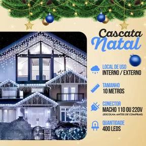 Cascata Pisca Pisca Natal 8 Funções 400 Leds 10m Branco Frio Extensível A Prova D'agua