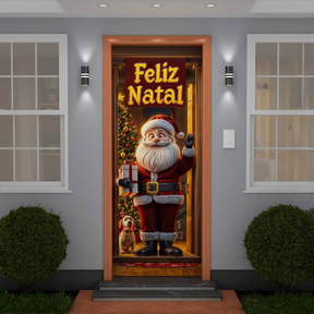 Capa De Porta Natalino Painel Papai Noel Decorativo em Tecido 0,85x2,10m Com Elástico