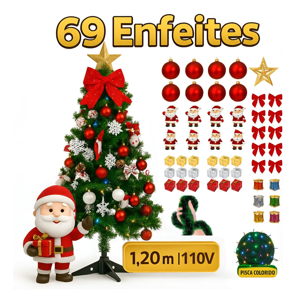 Kit Árvore De Natal 1,20m Decorada Verde Pinheiro Canadense Cheios Grande Pé De Ferro Premium