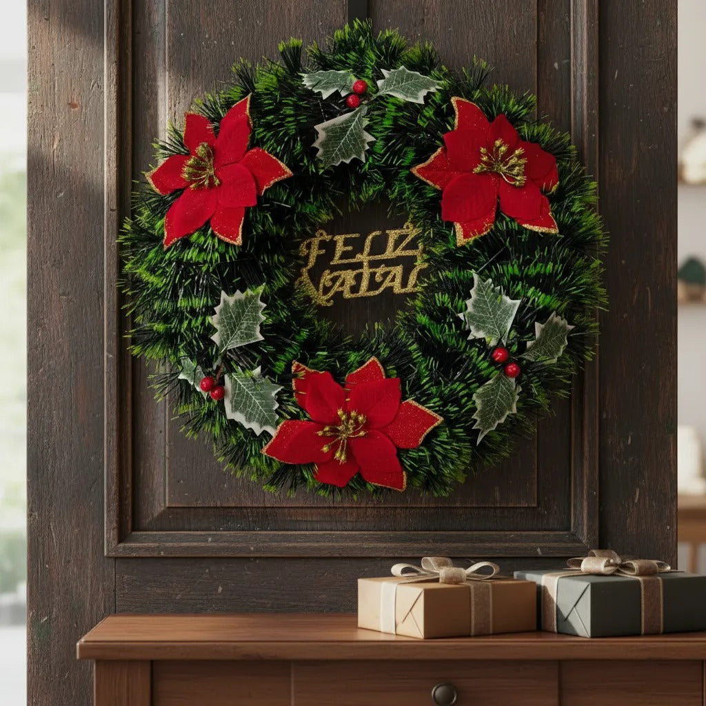 Guirlanda De Feliz Natal Especial Enfeite De Porta 40cm Verde Escuro