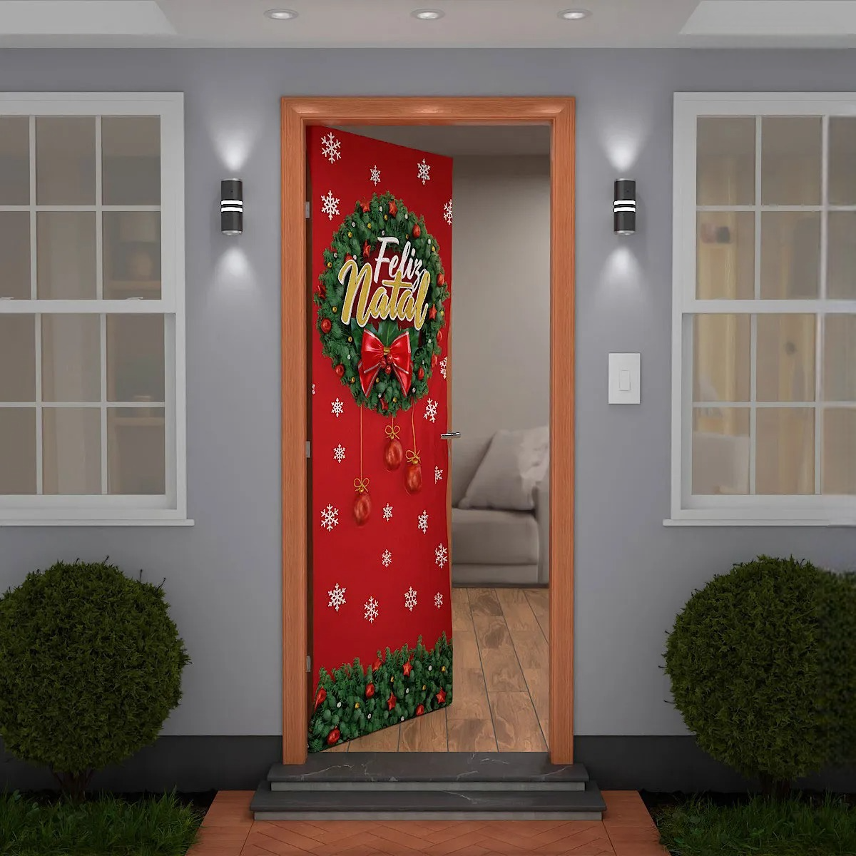 Painel Capa De Porta Natal Guirlanda em Tecido Decorativo 0,85x2,10m Com Elástico