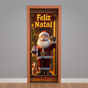Capa De Porta Natalino Painel Papai Noel Decorativo em Tecido 0,85x2,10m Com Elástico