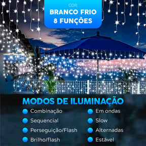 Cascata Pisca Pisca Natal 8 Funções 400 Leds 10m Branco Frio Extensível A Prova D'agua