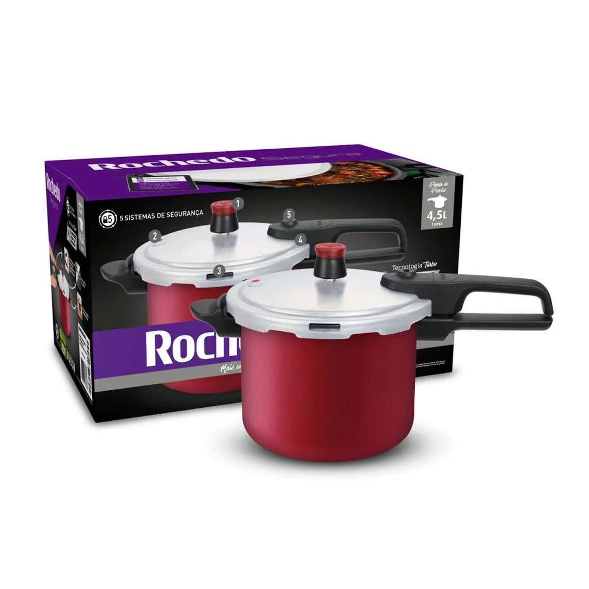 Panela de Pressão Segura Alumínio Antiaderente Vermelho 4,5 Litros - Rochedo
