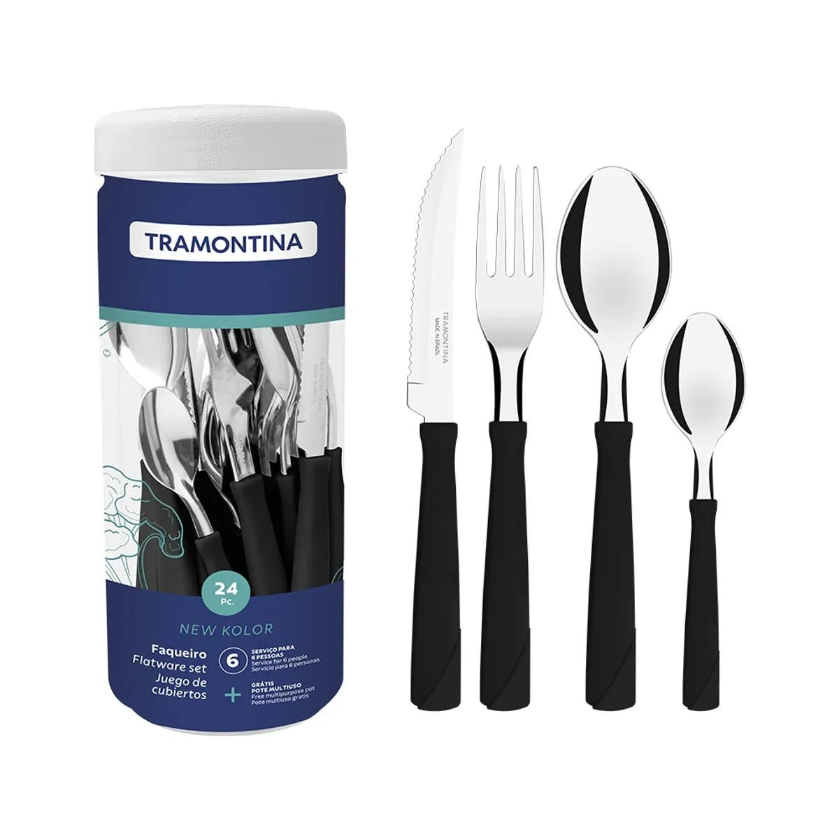 Faqueiro 24 Peças New Kolor Aço Inox Cabos Em Polipropileno Preto 23198093 - Tramontina
