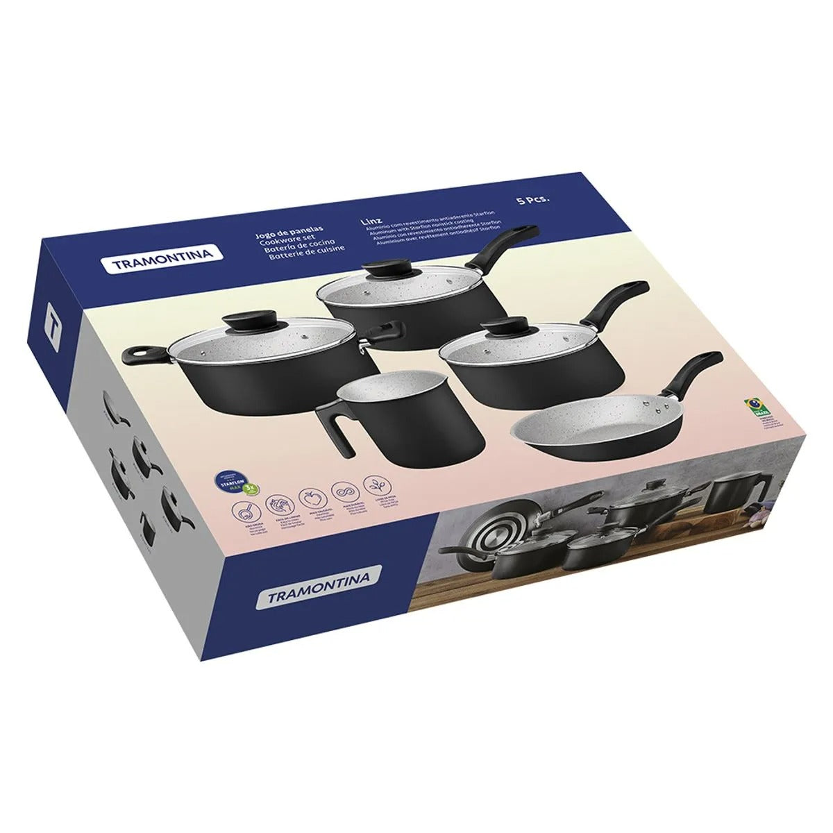 Jogo de Panelas Linz 5 Peças Alumínio Revestimento Interno Antiaderente Starflon Max Preto 28299005 - Tramontina