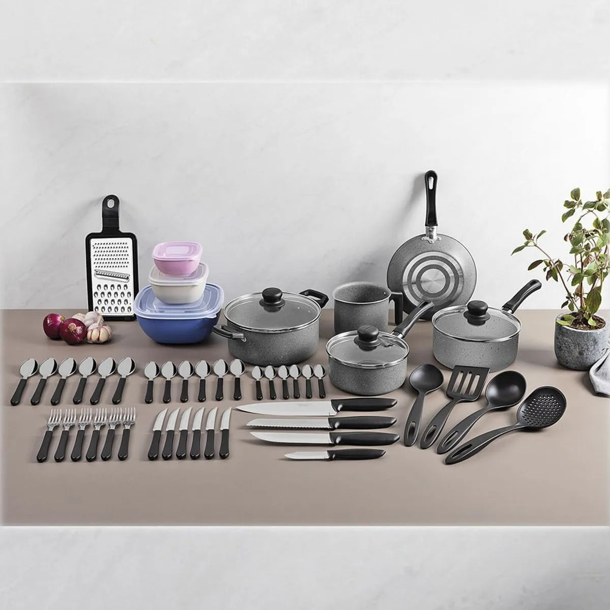 Kit 47 Peças Para Cozinha Com Panelas Antiaderentes, Talheres, Facas E Utensílios Domésticos 20297612 - Tramontina