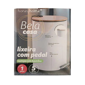 Lixeira Pedal Tampa de Bambu Cesto Removível Branca 5L 25,5x20x25,5cm LM4185MO - honeyhome