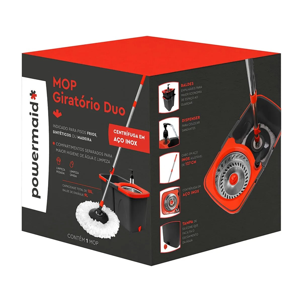 Mop Giratório Duo Aço Inox Vermelho E Cinza 126042801011 - Powermaid